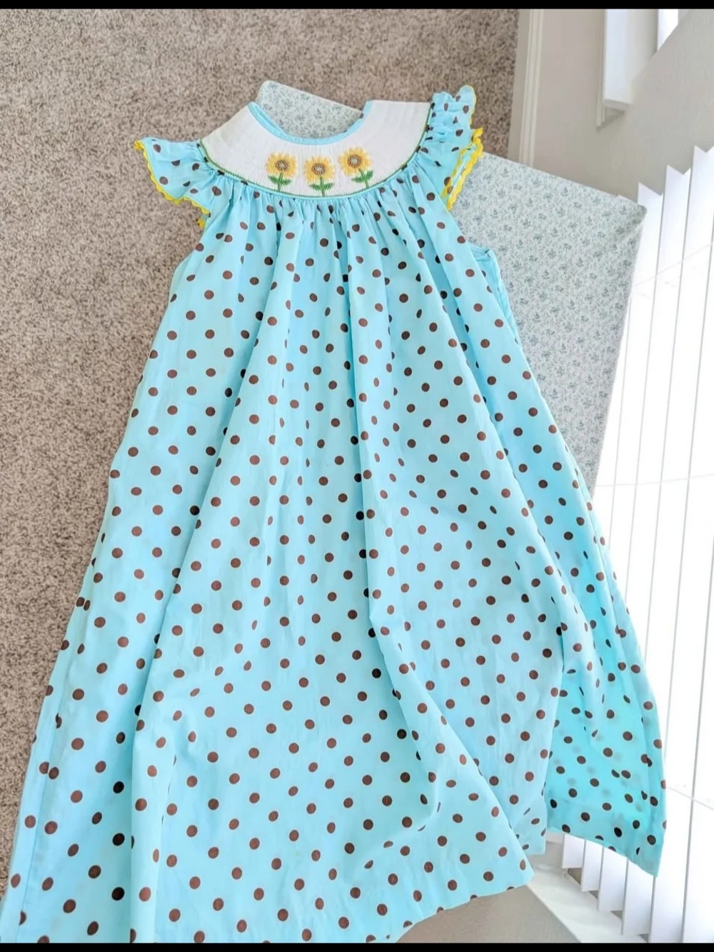 6T Teal Polka Dot Sunflower Smocked Dress